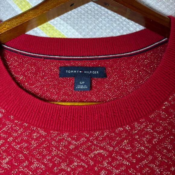 Tommy Hilfiger Women Red & Gold-Toned Embroidered Shimmery Pullover Sweater Sz S - Picture 6 of 7